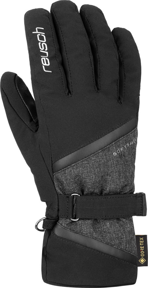 Schwarzer Reusch Alexa GTX Skihandschuh mit verstellbarem Handgelenksband und Gore-Tex Logo.