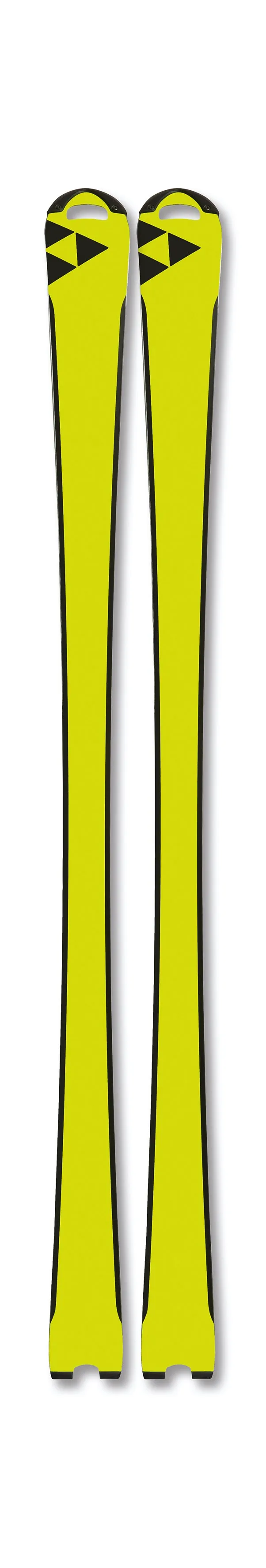 Skis RC4 Worldcup SL jaunes, avec bordure et pointe noires, photographiés de dessus.