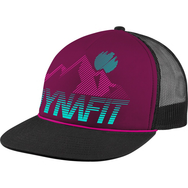 Beet Red trucker cap with black peak and mesh insert. Logo with mountain motif in pink and turquoise.