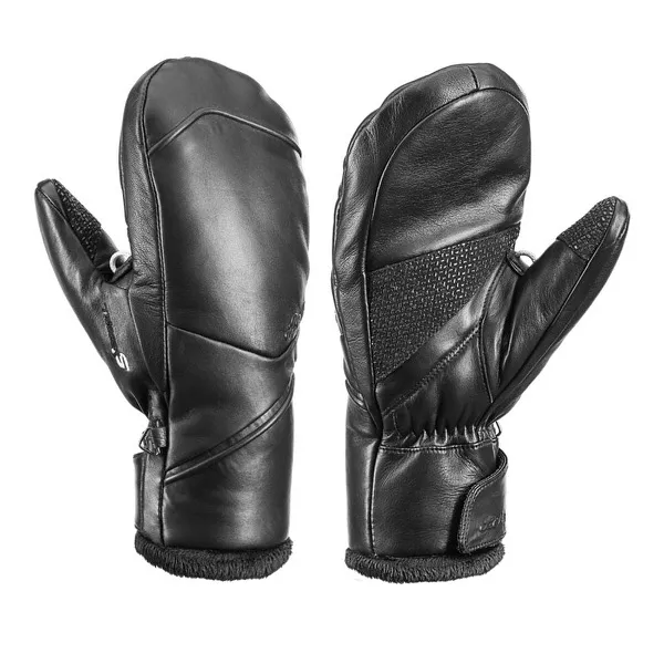 Two black Leki Fiona S Lady Mitt mittens with thumb and Trigger S system next to each other.