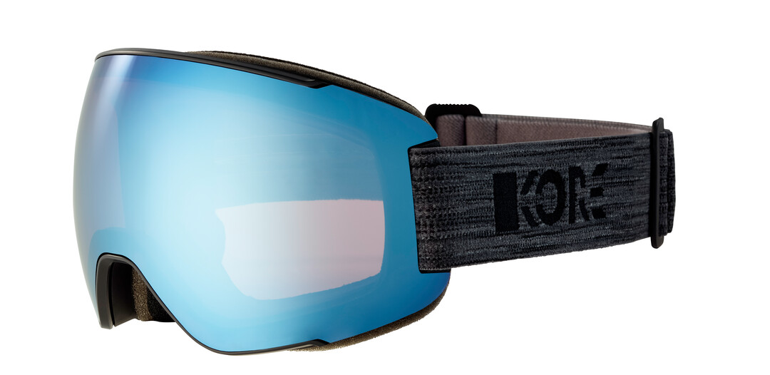 Skibrille MAGNIFY 5K blue KORE mit blau verspiegelter torischer Scheibe und grauem Kopfband, seitliche Ansicht.
