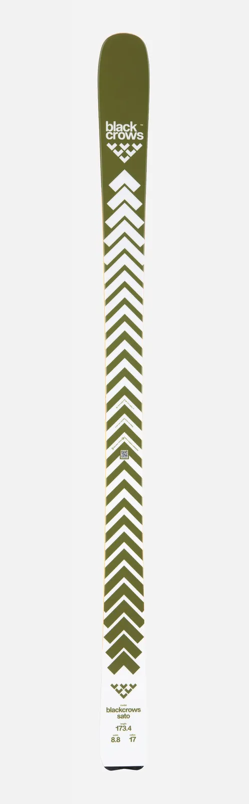 Sci con motivo a zig zag verde oliva e bianco su sfondo bianco. Il logo del marchio "Black Crows" è visibile in alto e in basso.
