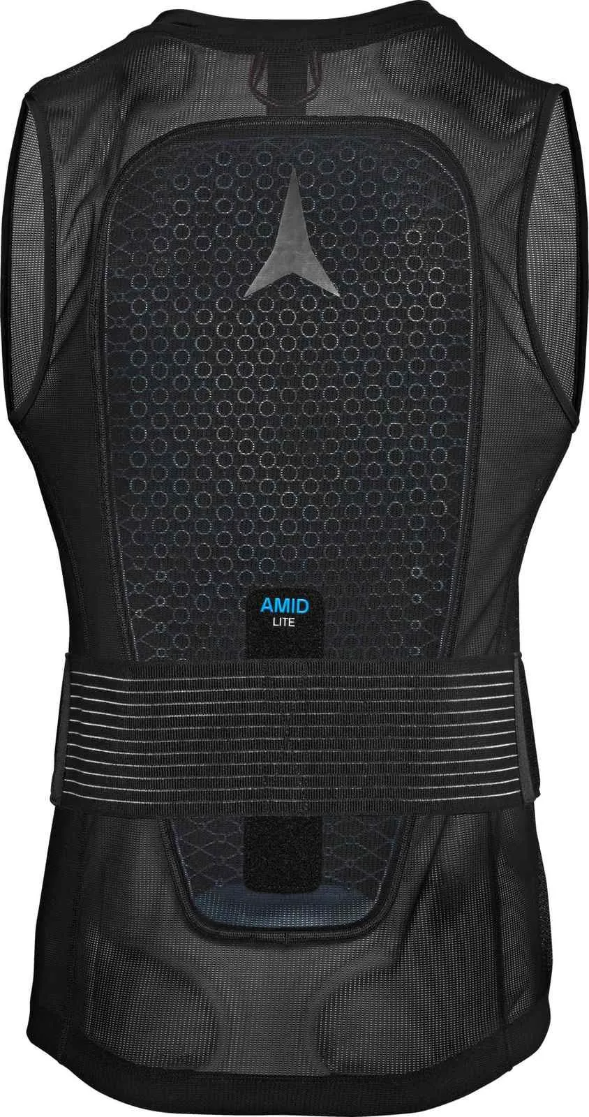 Black protective vest with back protector and elastic waistband with fine, horizontal white stripes.
