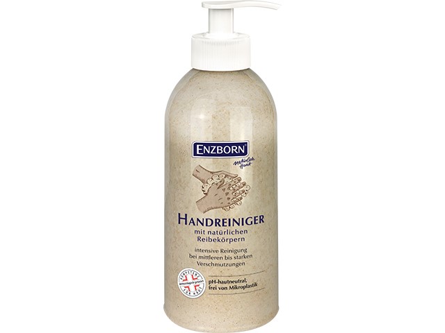 Eine Flasche ENZBORN Handreiniger mit Spender und Hände-Motiv auf dem Etikett.