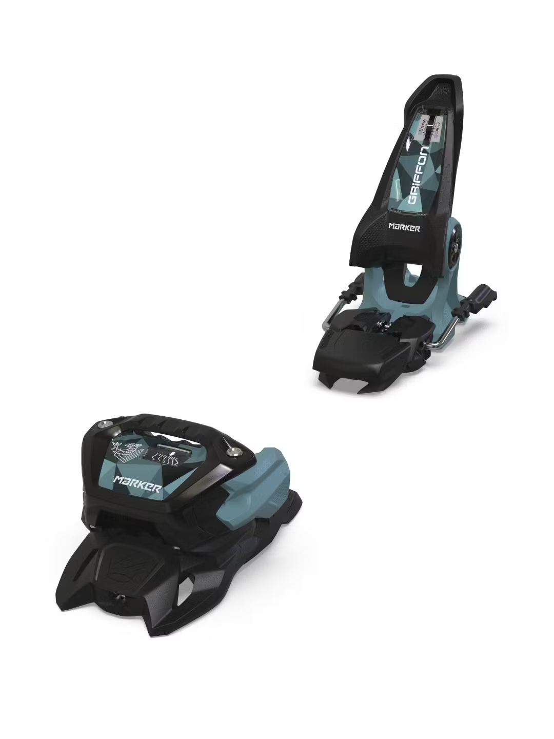 Zwei Ski-Bindungen von Marker, Modell Griffon, in Schwarz und Türkis auf einem weißen Hintergrund. Eine Bindung liegt, die andere steht.