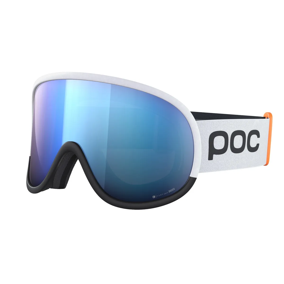 Occhiali da sci POC Retina Race WF, montatura bianca, lenti Clarity Comp blu, imbottitura nera e cinturino elastico bianco con logo POC.