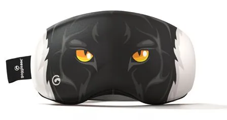 Protective ski goggle sock with Black Panther design and yellow eyes on a black background.