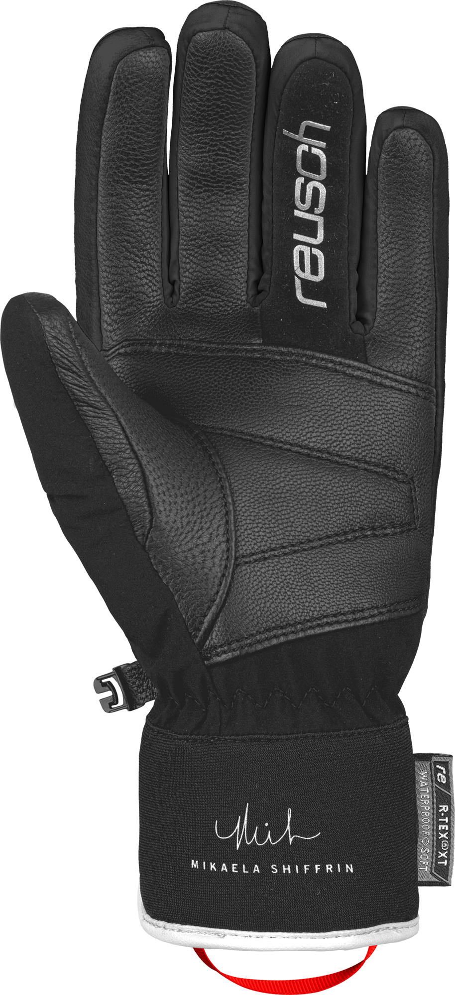 Detailansicht eines schwarzen Reusch Mikaela Shiffrin R-TEX Skihandschuhs mit Lederdetails und Mikaela Shiffrin Schriftzug.