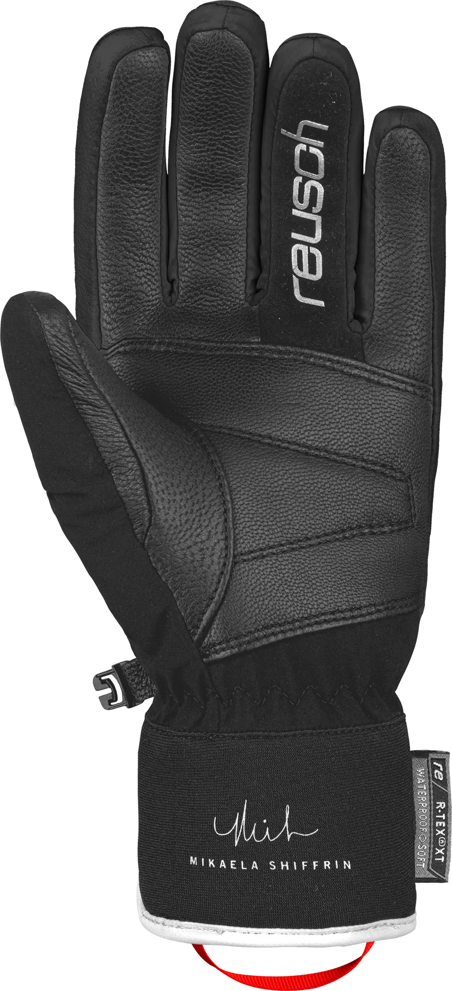 Detailansicht eines schwarzen Reusch Mikaela Shiffrin R-TEX Skihandschuhs mit Lederdetails und Mikaela Shiffrin Schriftzug.