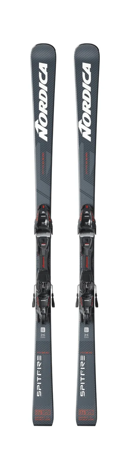 Two Nordica Ski alpine skis, model Spitfire, stand upright in front of a white background.