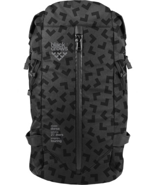 Schwarzer Black Crows Dorsa 27 Rucksack mit dunklem Chevron Muster und Reißverschluss.