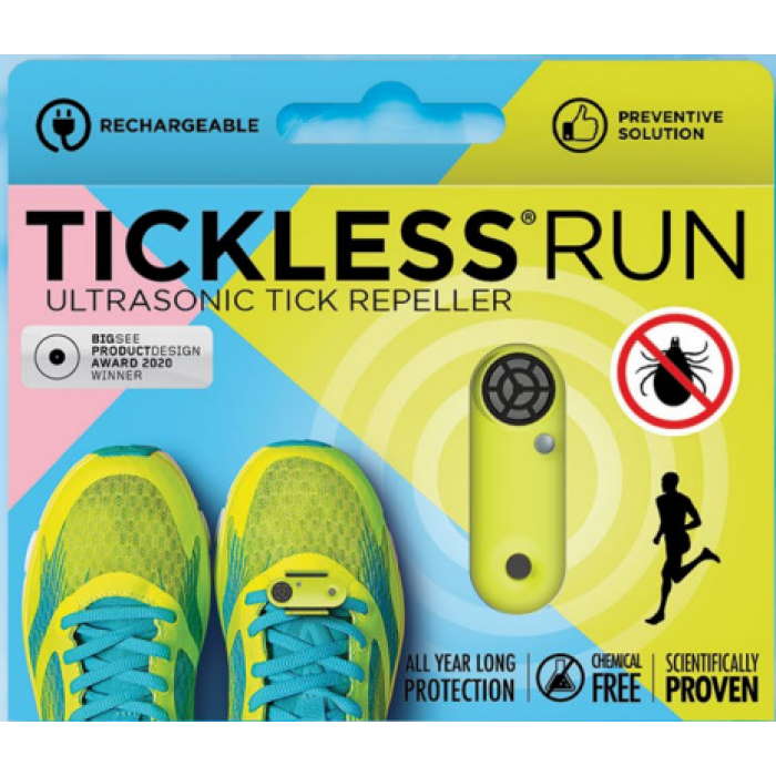 Emballage pour Tickless Run : répulsif à ultrasons contre les tiques pour chaussures. Sans produits chimiques, avec silhouette de coureur et symbole d'avertissement pour les tiques.