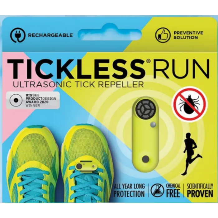 Confezione di Tickless Run: repellente per zecche a ultrasuoni per scarpe. Senza sostanze chimiche, con la sagoma di un corridore e il simbolo di avvertimento delle zecche.