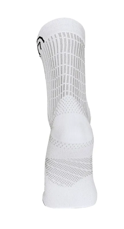 A white sock with gray vertical stripes and a dark, curved logo on the upper edge, photographed from behind.