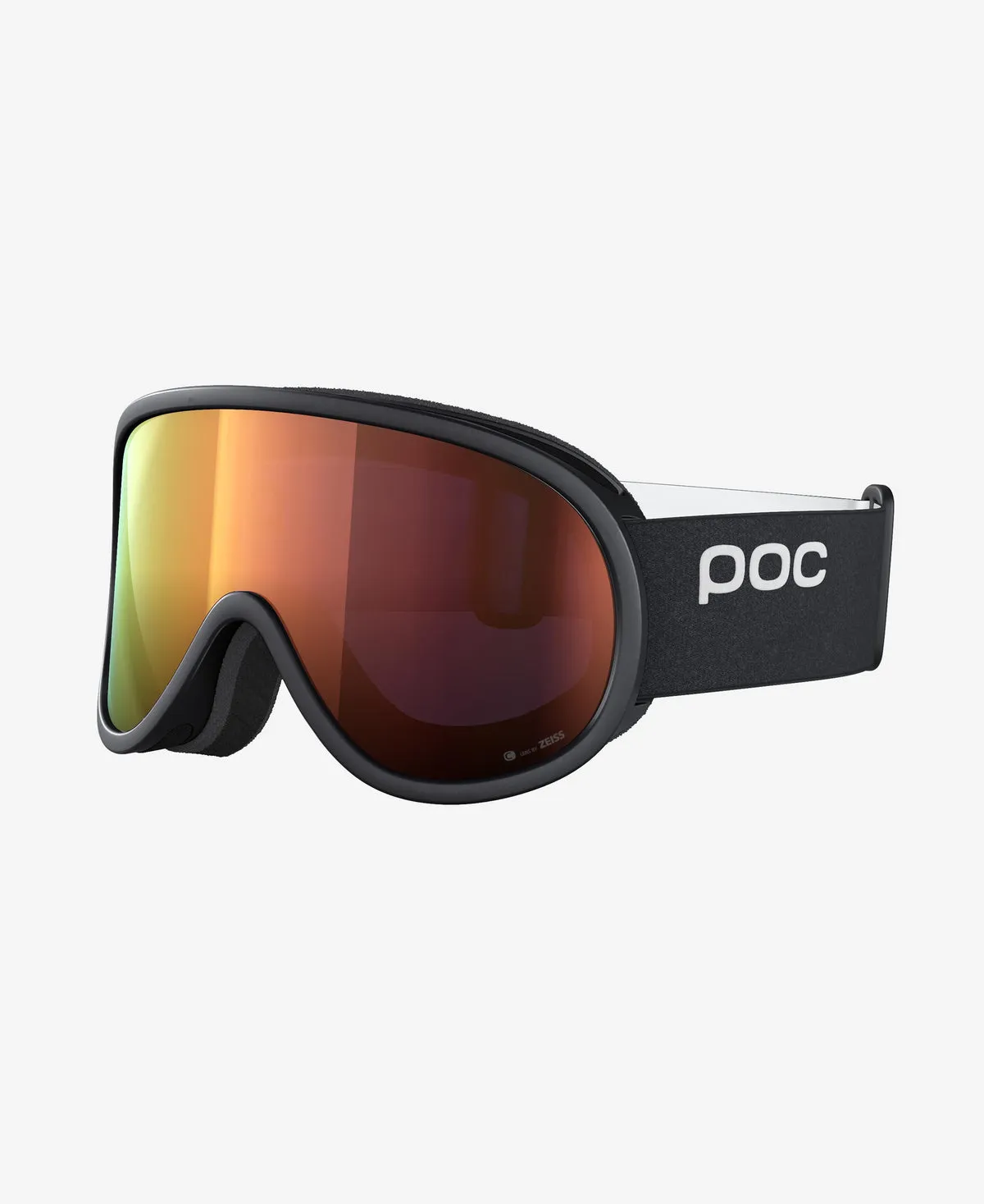 Occhiali da sci POC Retina Clarity neri con rivestimento a specchio Spektris arancione, vista laterale, logo POC sul cinturino.