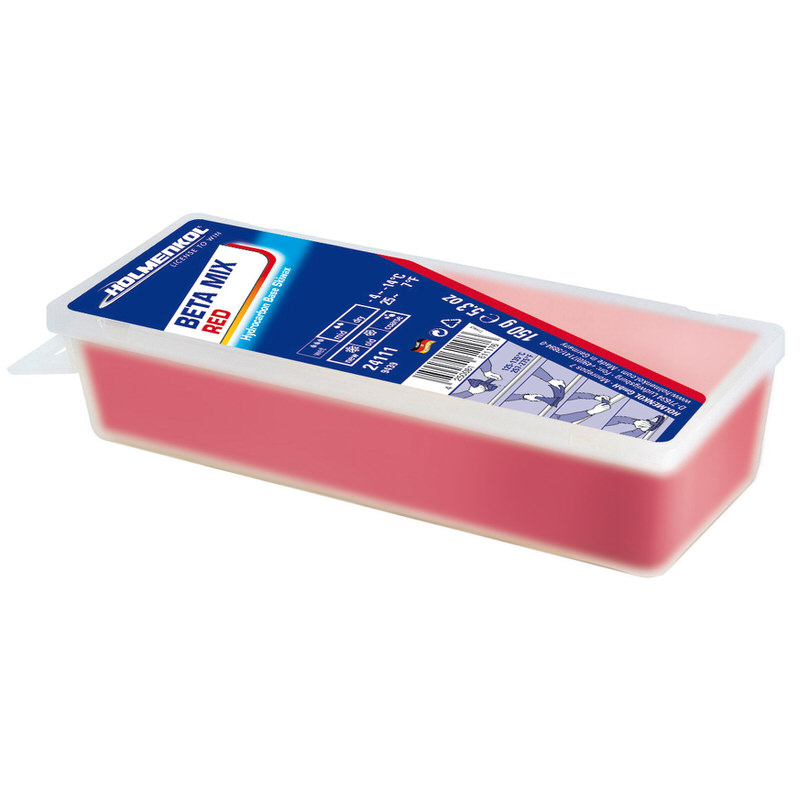 Verpackung Betamix Red Skiwachs von Holmenkol, rot. Informationen zu Schneetemperatur und Gewicht auf der Packung.