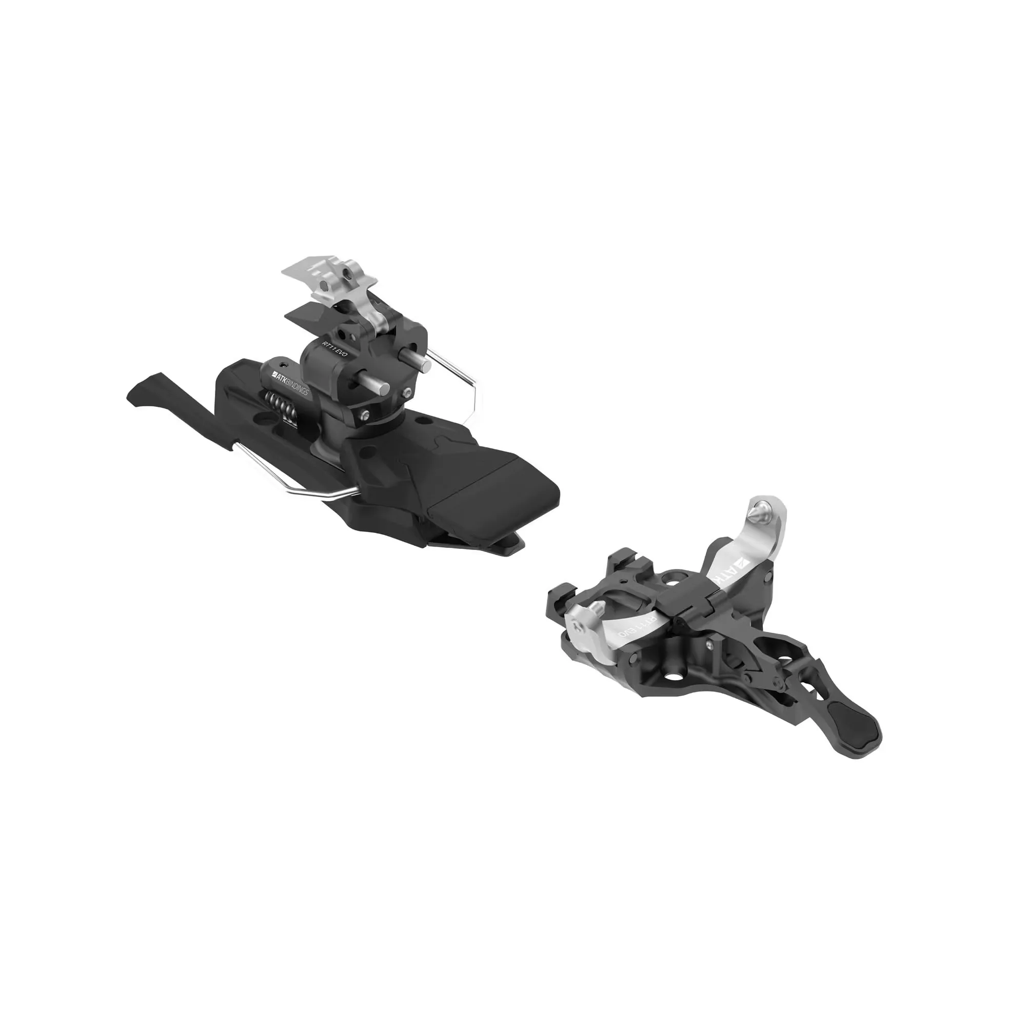 Fixation de randonnée ATK RT 11 EVO noire, partie avant et talon, sur fond blanc.