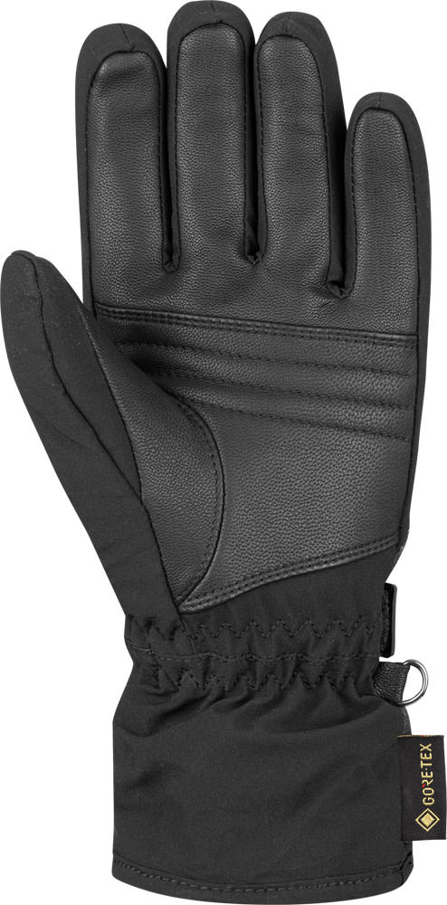 Schwarzer Reusch Alexa GTX Skihandschuh, Handinnenfläche mit Lederbesatz, Gore-Tex-Etikett am Handgelenk.