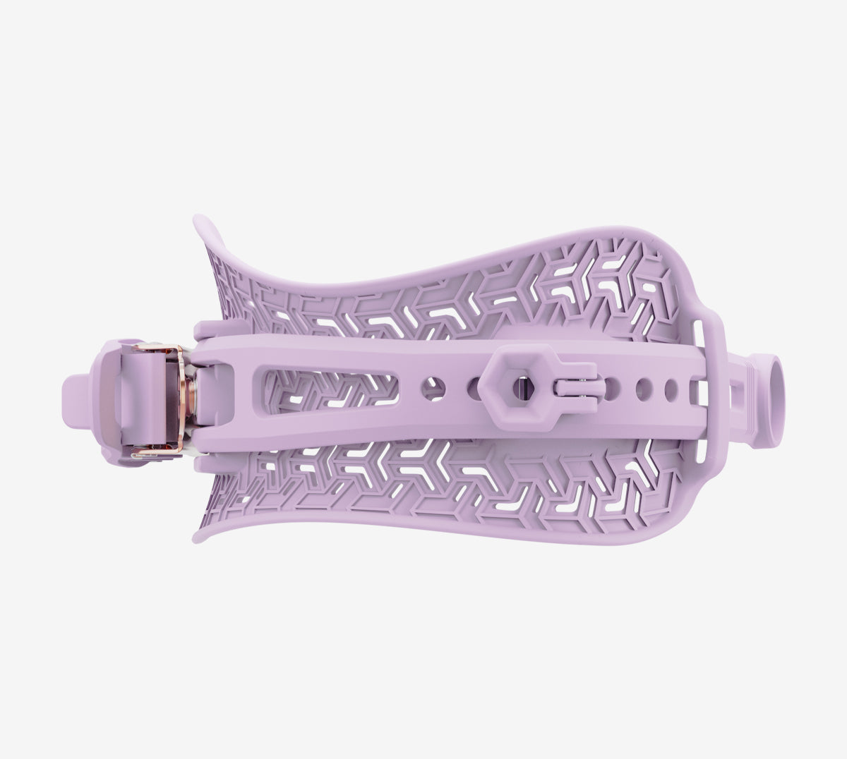 Detailansicht: Lilafarbener Union Juliet Snowboardbindungs-Strap mit geometrischem Muster.