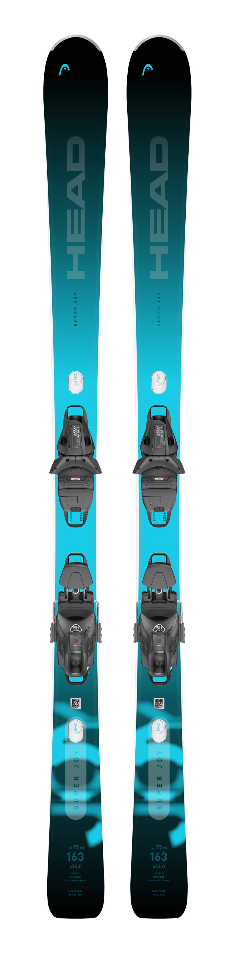 Head e-Super Joy Ski Draufsicht auf ein Paar Ski der Marke Head, Modell e-Super Joy mit montierter Bindung. Farbverlauf von blau nach schwarz.