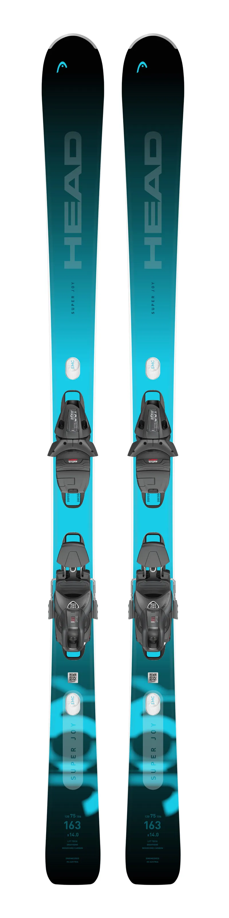 Draufsicht auf ein Paar Ski der Marke Head, Modell e-Super Joy mit montierter Bindung. Farbverlauf von blau nach schwarz.