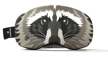 Protective ski goggle cover with raccoon design in shades of gray, black and white.