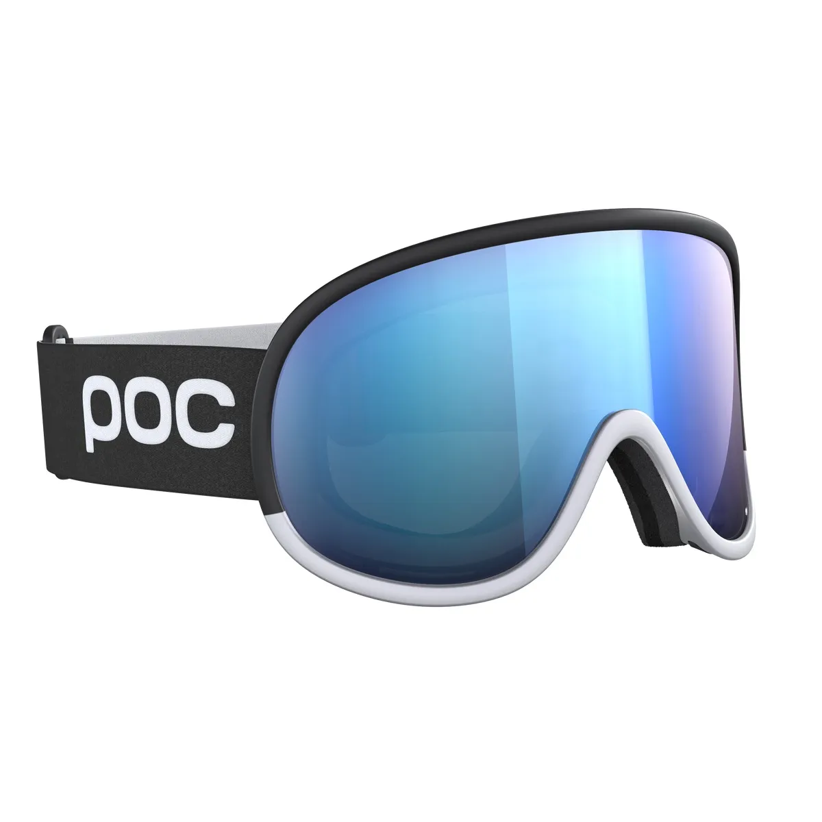 POC Retina Race WF ski goggles with blue mirrored Clarity lens, black frame and white strap with POC logo.