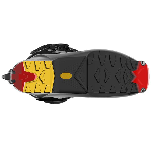 Nahaufnahme der Sohle des La Sportiva Vanguard Skischuhs in Carbon/Yellow, Fokus auf das Vibram Profil.