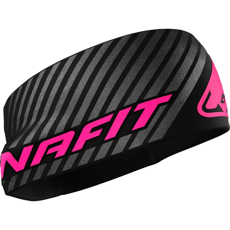 Bandeau noir Dynafit Alpine avec logo rose et motif à rayures.