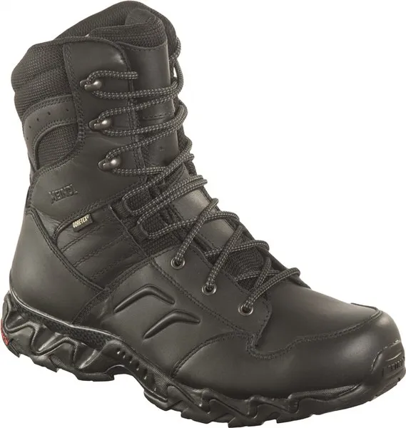 Black Meindl Black Cobra GTX leather boot with Gore-Tex lining and lacing, side padding, non-slip rubber sole.