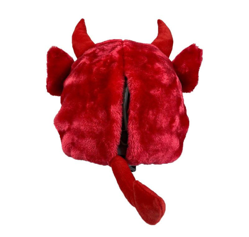 Close-up: Red, plush Hoxyheads helmet cover in devil look with horns, ears and tail.
