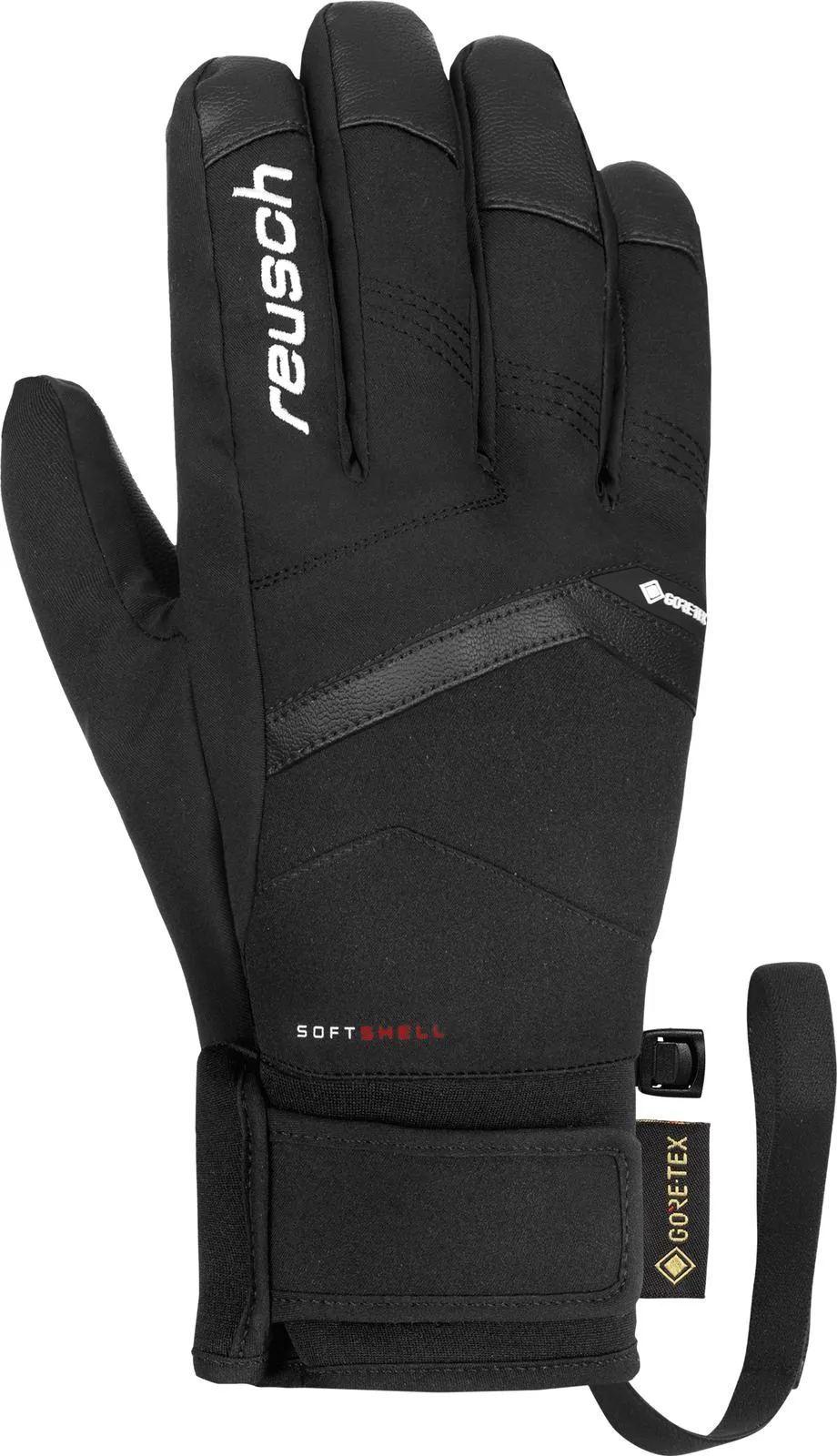 Schwarzer Reusch Blaster GTX Handschuh, Frontansicht, mit Markenlogo und Gore-Tex-Details am Handgelenk.