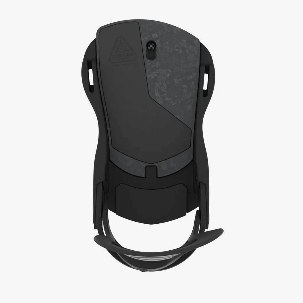 Top view of a black Union Atlas Pro snowboard binding. Forged carbon is visible.