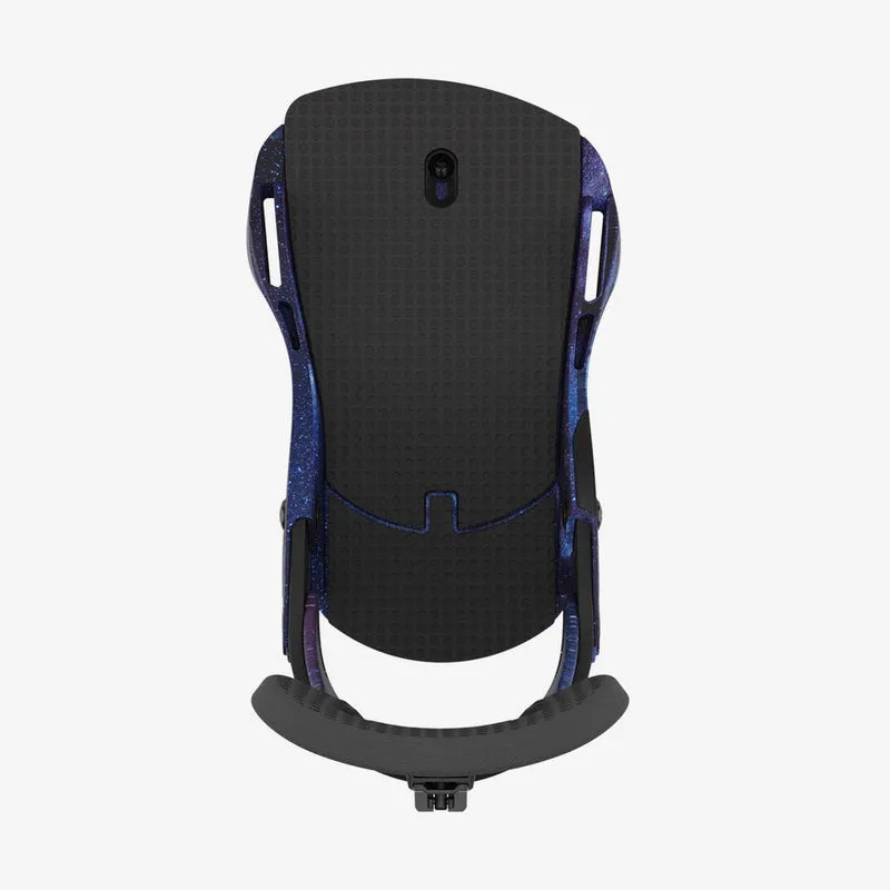Black Union Force Cosmos snowboard binding with blue and purple pattern on the side.