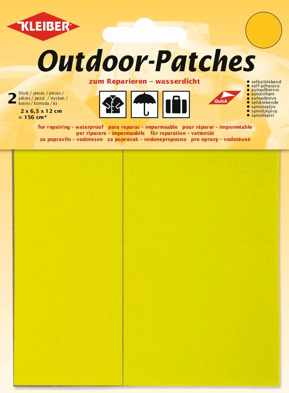 Packaging of yellow outdoor repair patches from Kleiber. Text, pictograms and information on properties such as waterproof and self-adhesive.