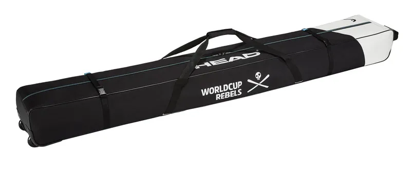 Sac à skis Head Rebels Double 2025 noir avec poignées et roulettes. Logo "Worldcup Rebels" avec tête de mort.