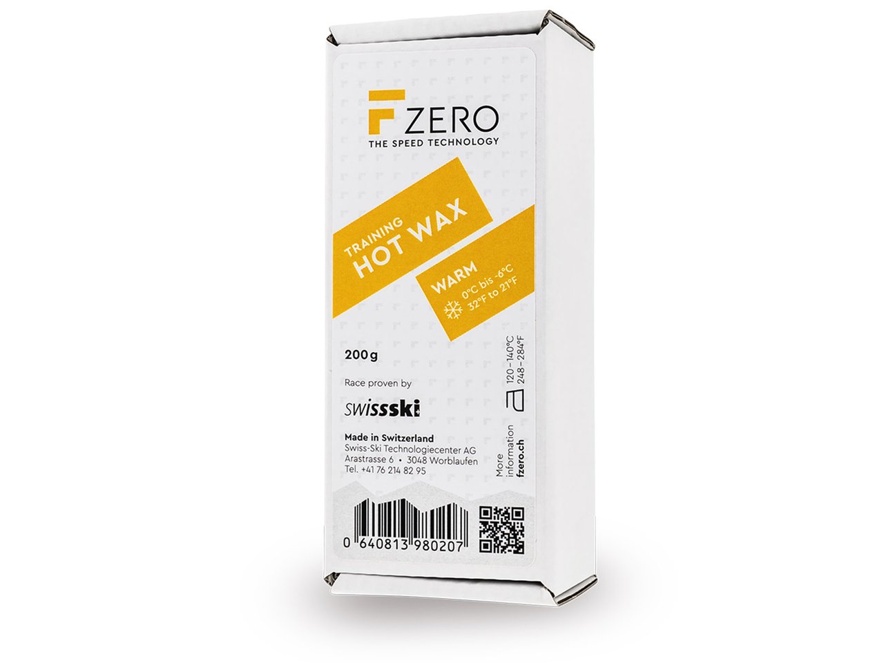 Verpackung Hot Wax Warm Training, weiße Kartonage mit gelben Akzenten, FZero Logo.