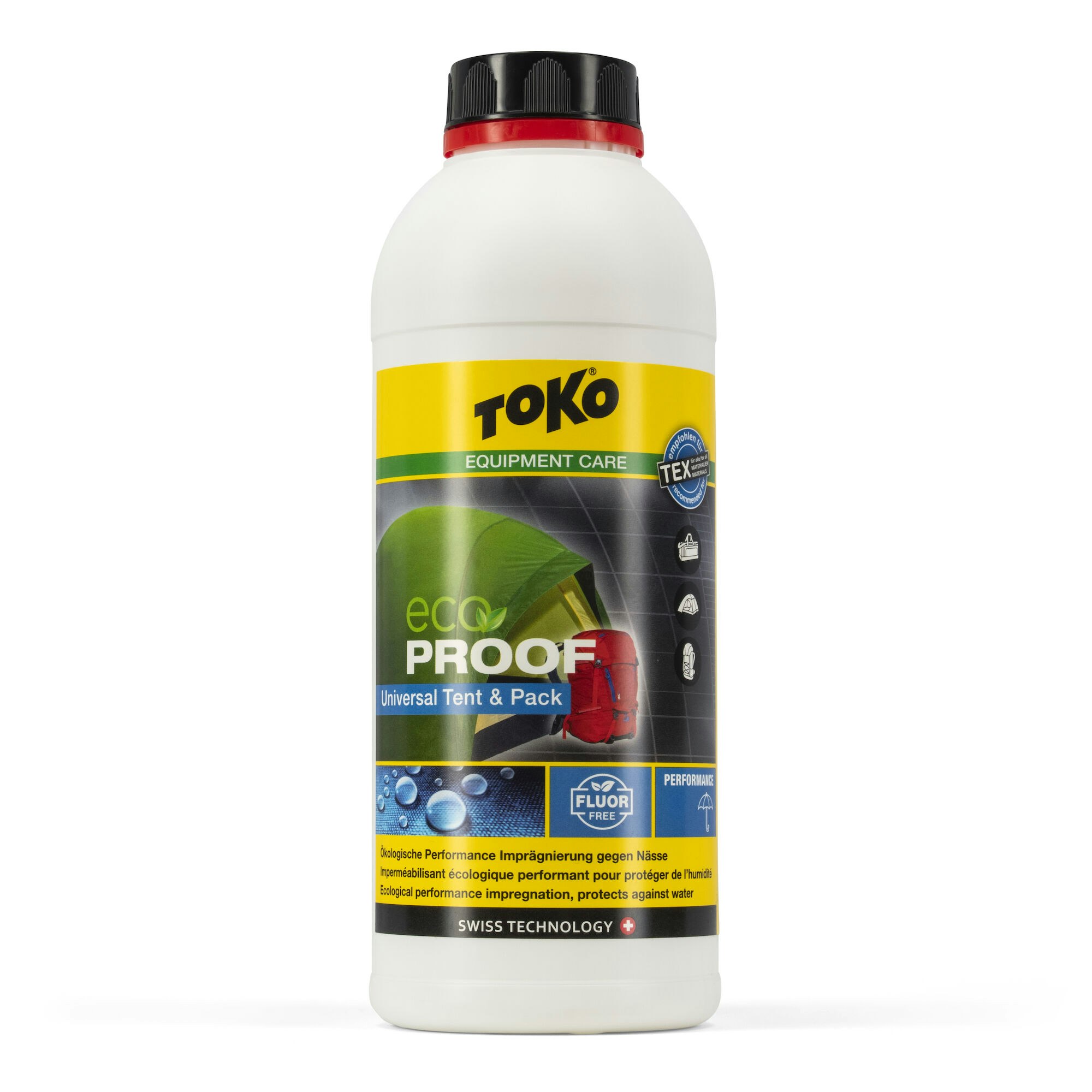 Weiße Flasche Toko Eco Universal Proof mit schwarzem Deckel und Etikett mit Zelt und Rucksack.
