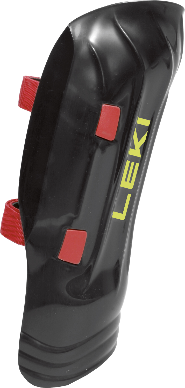 Leki Schienbeinschutz Schwarz Schwarzer Leki Schienbeinschutz WC Pro mit roten Klettverschlüssen und gelbem Logo.