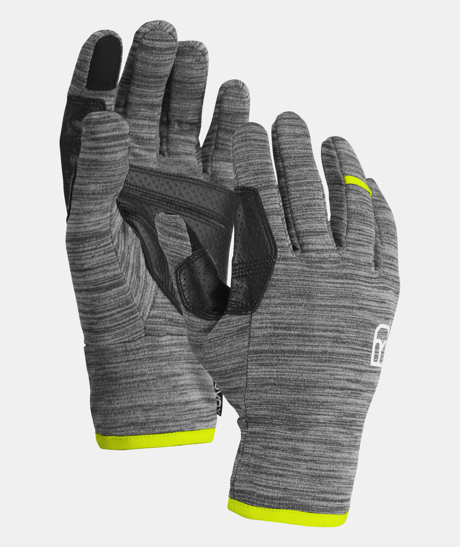 Graue Ortovox Freeride 3 Finger Handschuhe mit gelben Details.