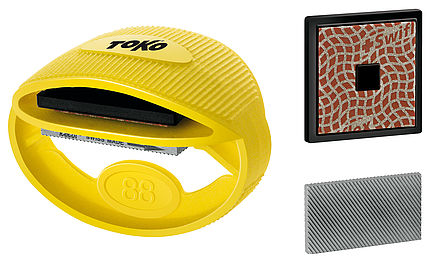 Gelbes Toko Express Tuner Kit mit Feile und Schleifdiamant zur Ski- und Snowboardkantenbearbeitung.