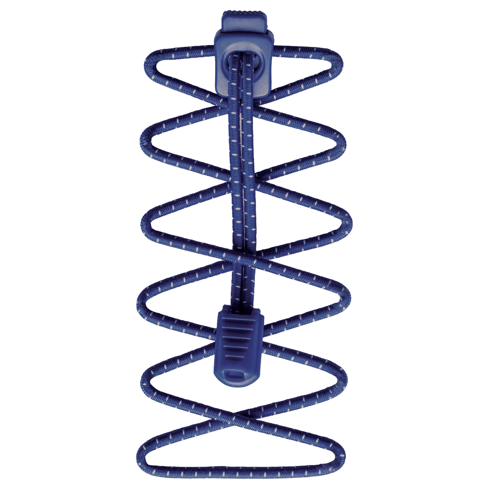 Blaue, elastische Run Laces mit weißem Punktmuster und dunkelblauem Verschluss, mittig angeordnet.