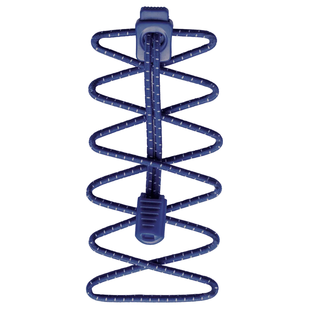 Blue, elastic run laces with white dot pattern and dark blue closure, centered.