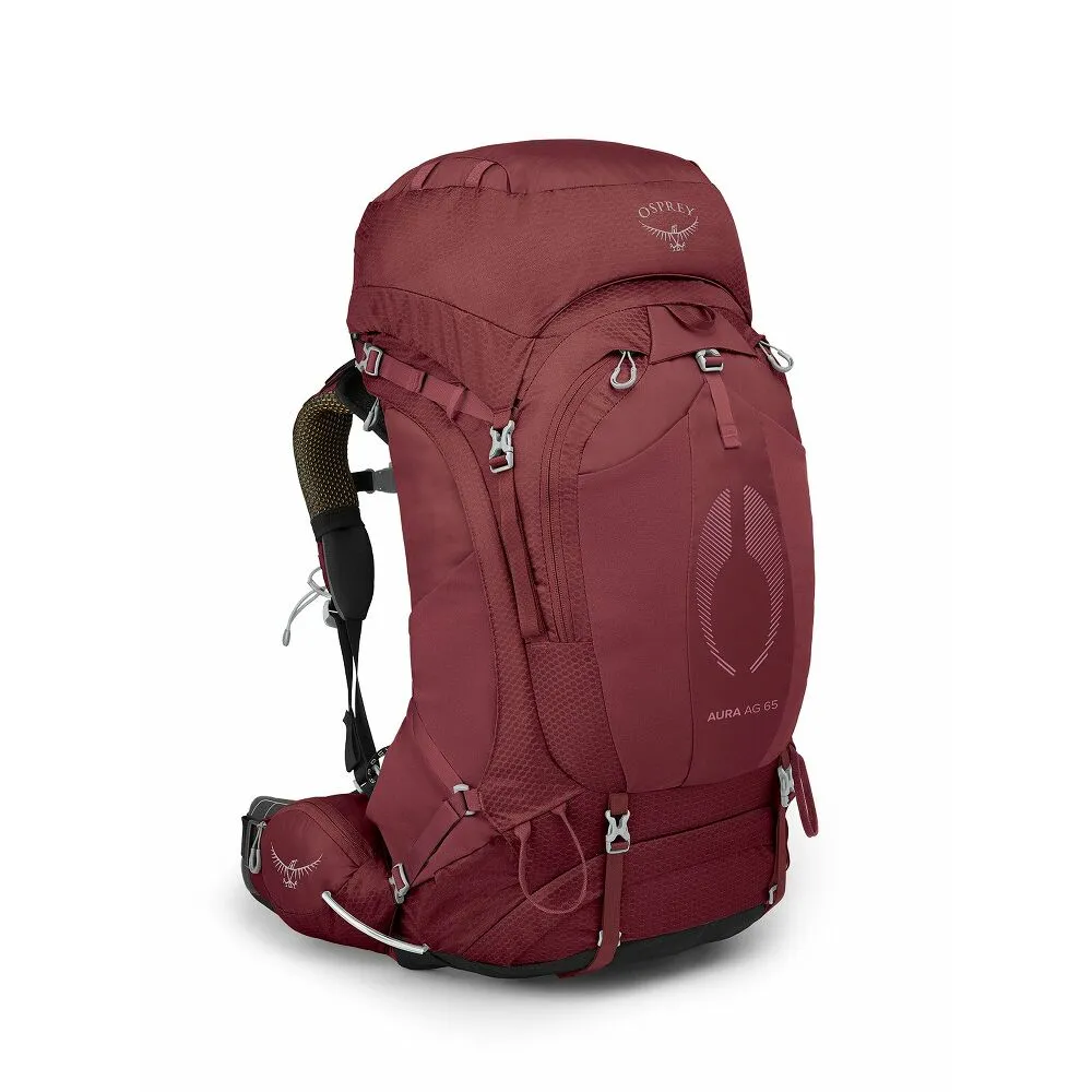 A red Osprey Aura AG 65 trekking backpack for women is shown at a slight angle. Visible features include the AntiGravity back system with breathable 3D mesh, ergonomic shoulder straps and hip fins, as well as fasteners in "Berry Sorbet Red."