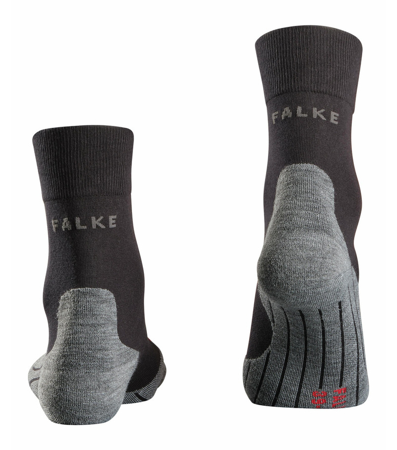 Zwei schwarze RU4 Herren Running Socken von hinten mit grauer Polsterung und "FALKE" Schriftzug.