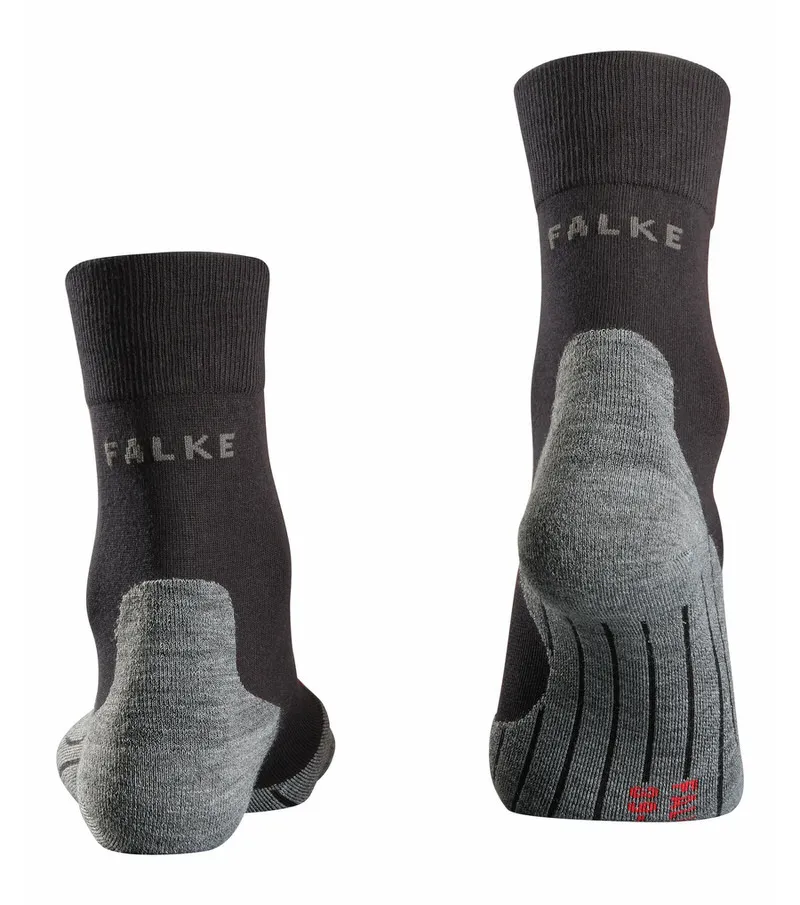 Two black RU4 men's running socks with gray padding and "FALKE" lettering on the back.