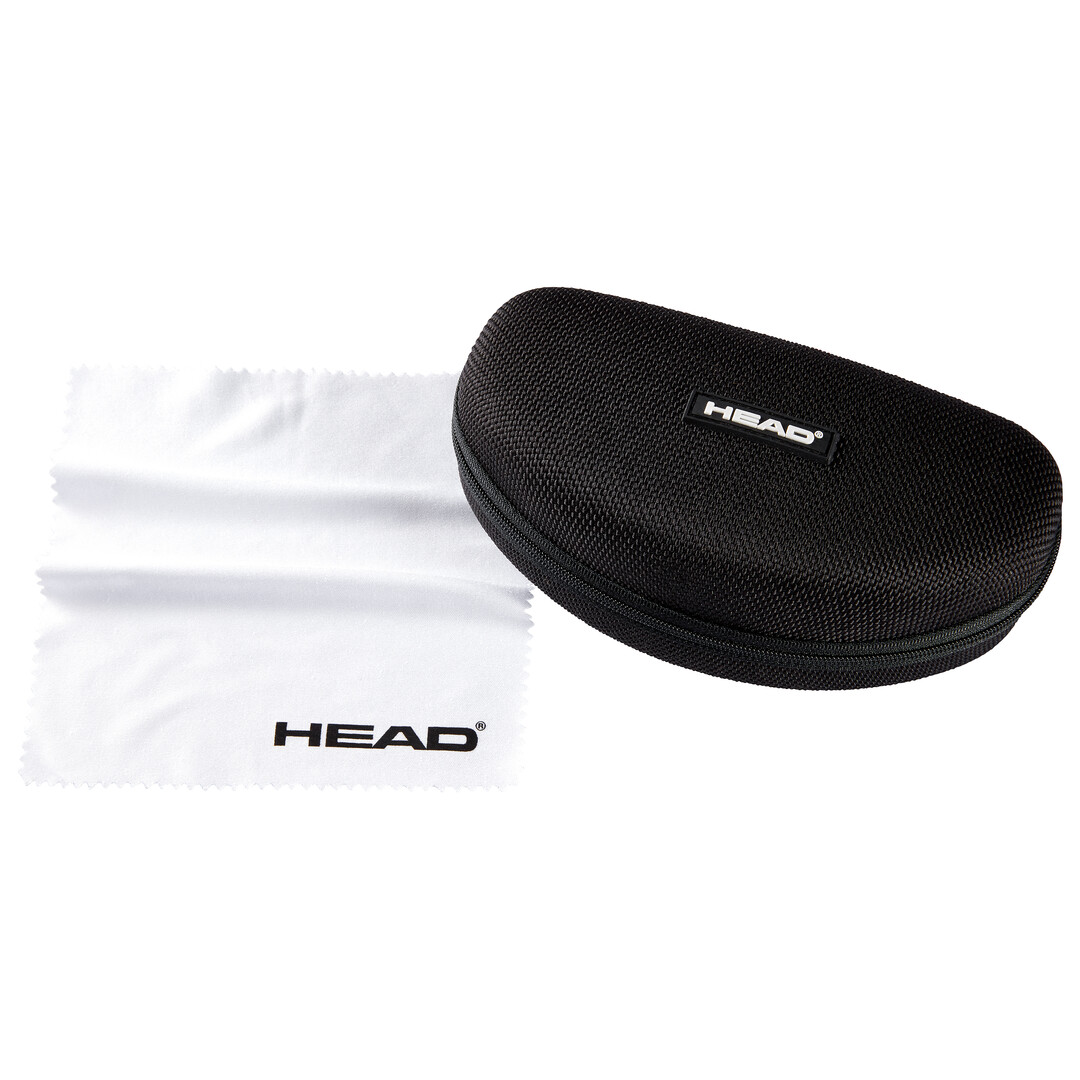 Sonnenbrillen-Etui mit Reißverschluss und Putztuch, beide mit dem Logo der Marke Head versehen.