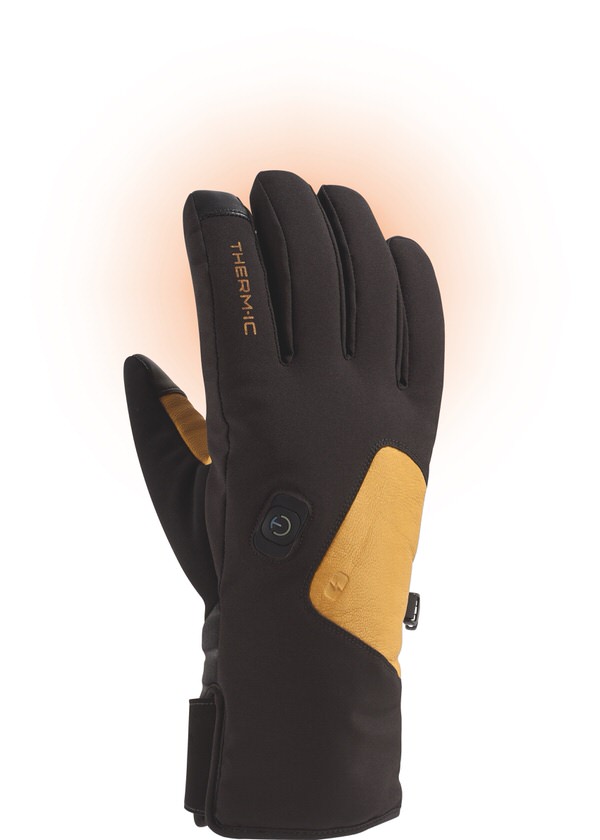Schwarzer Therm-ic Power Gloves Skilight Heizhandschuh mit braunen Lederdetails und dezentem orangenem Heizeffekt.
