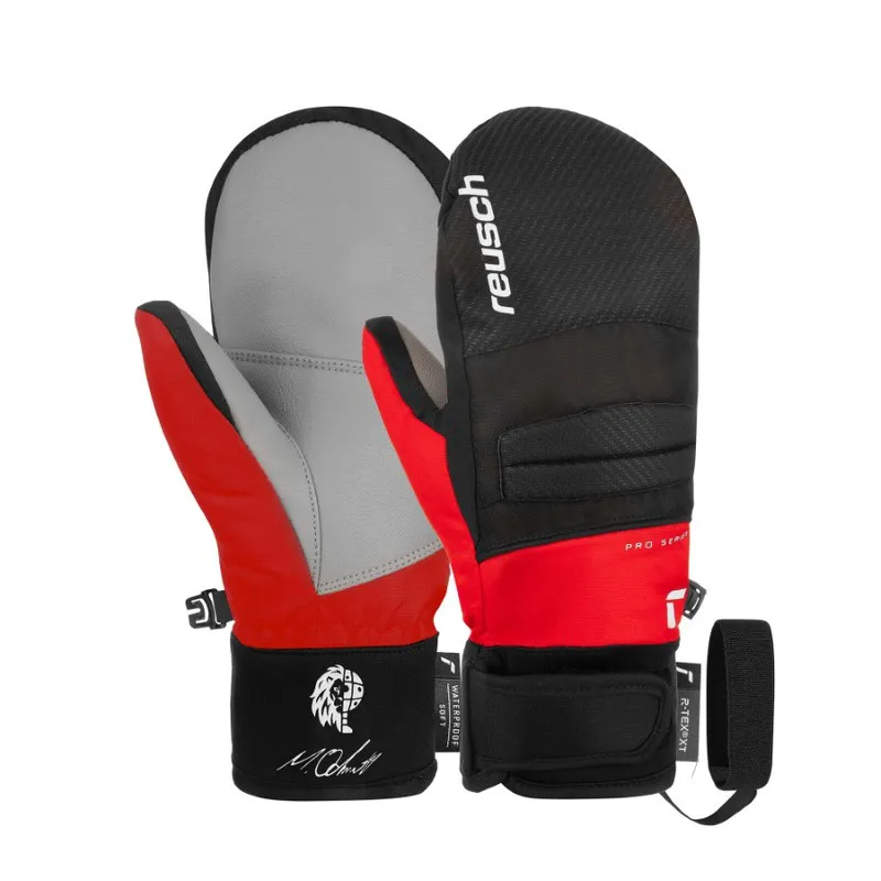 Two Reusch Warrior Junior mittens in red, black and gray.