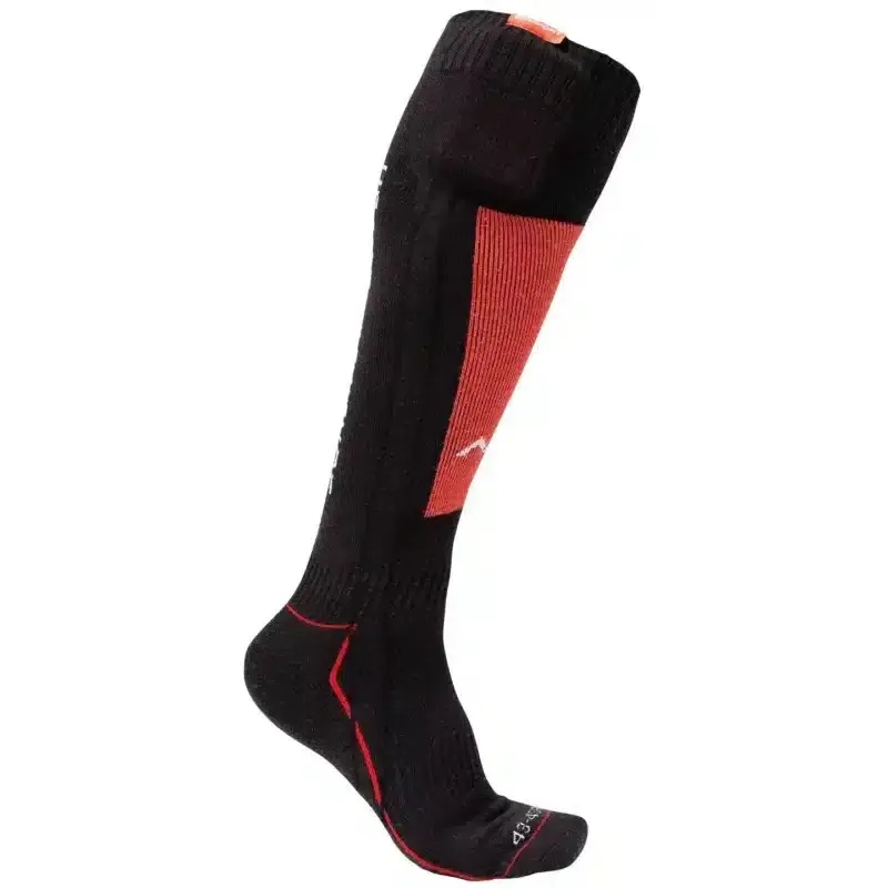 A black, high sock with red accents and a white logo.